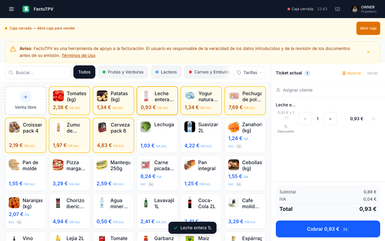 Interfaz del terminal punto de venta