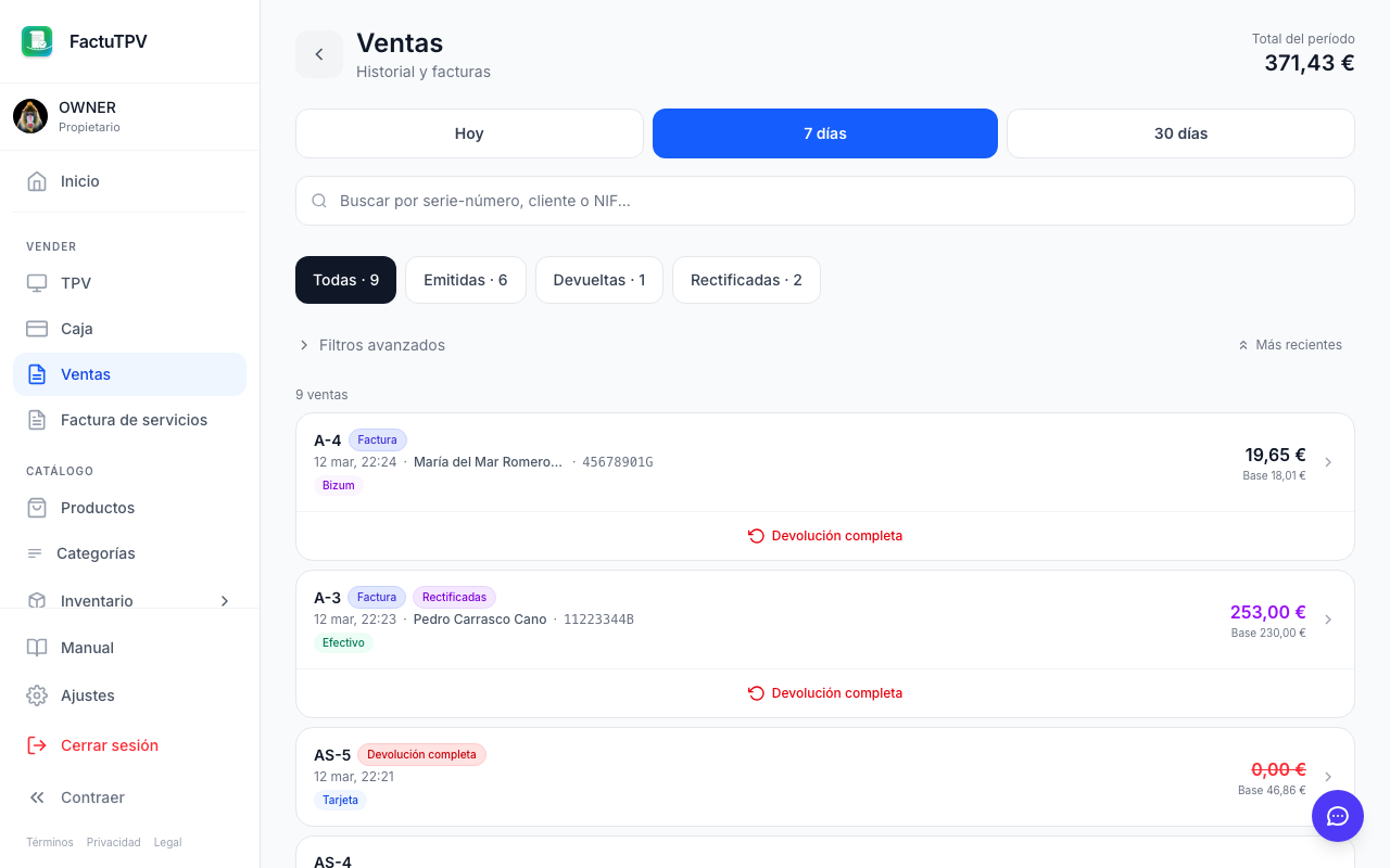 Historial de ventas con tarjetas
