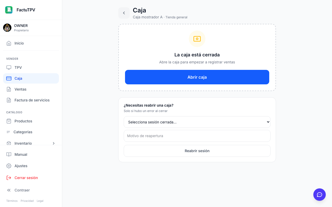 Gestión de caja con sesión abierta