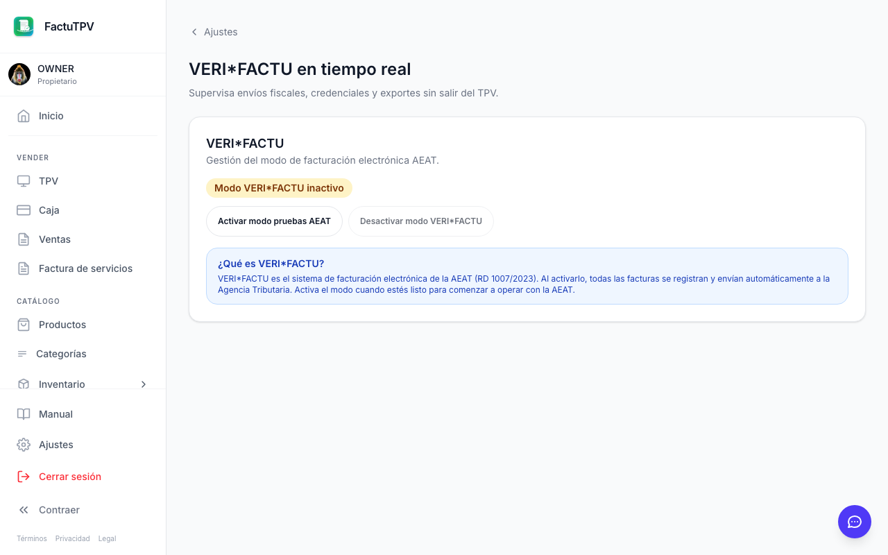 Panel VeriFactu con cadena de hashes
