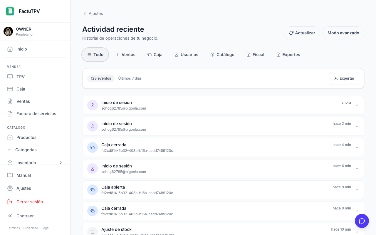 Registro de auditoría VeriFactu en FactuTPV con cadena de hashes