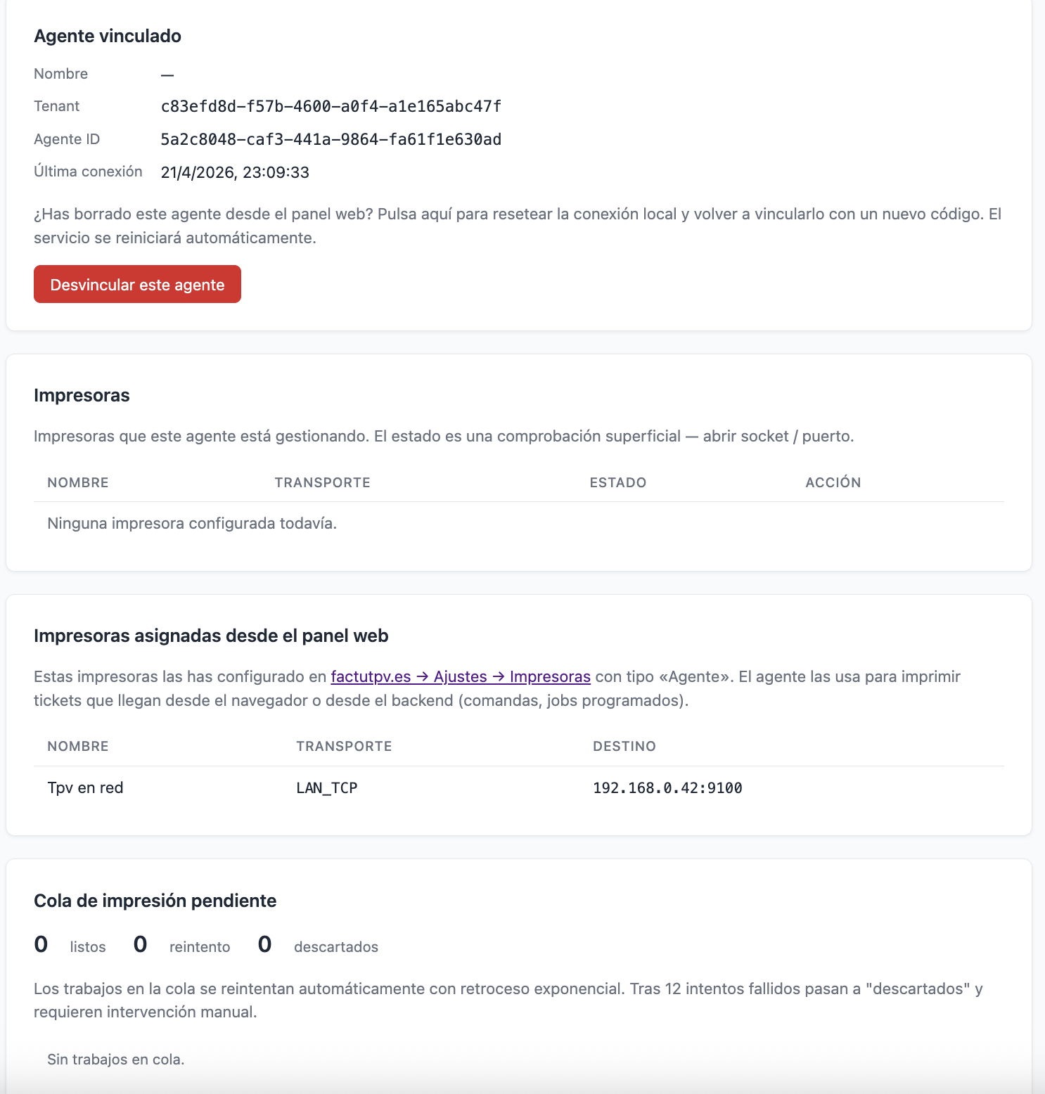 Panel de administración del Agente FactuTPV en localhost:17777 mostrando impresoras asignadas desde el panel web