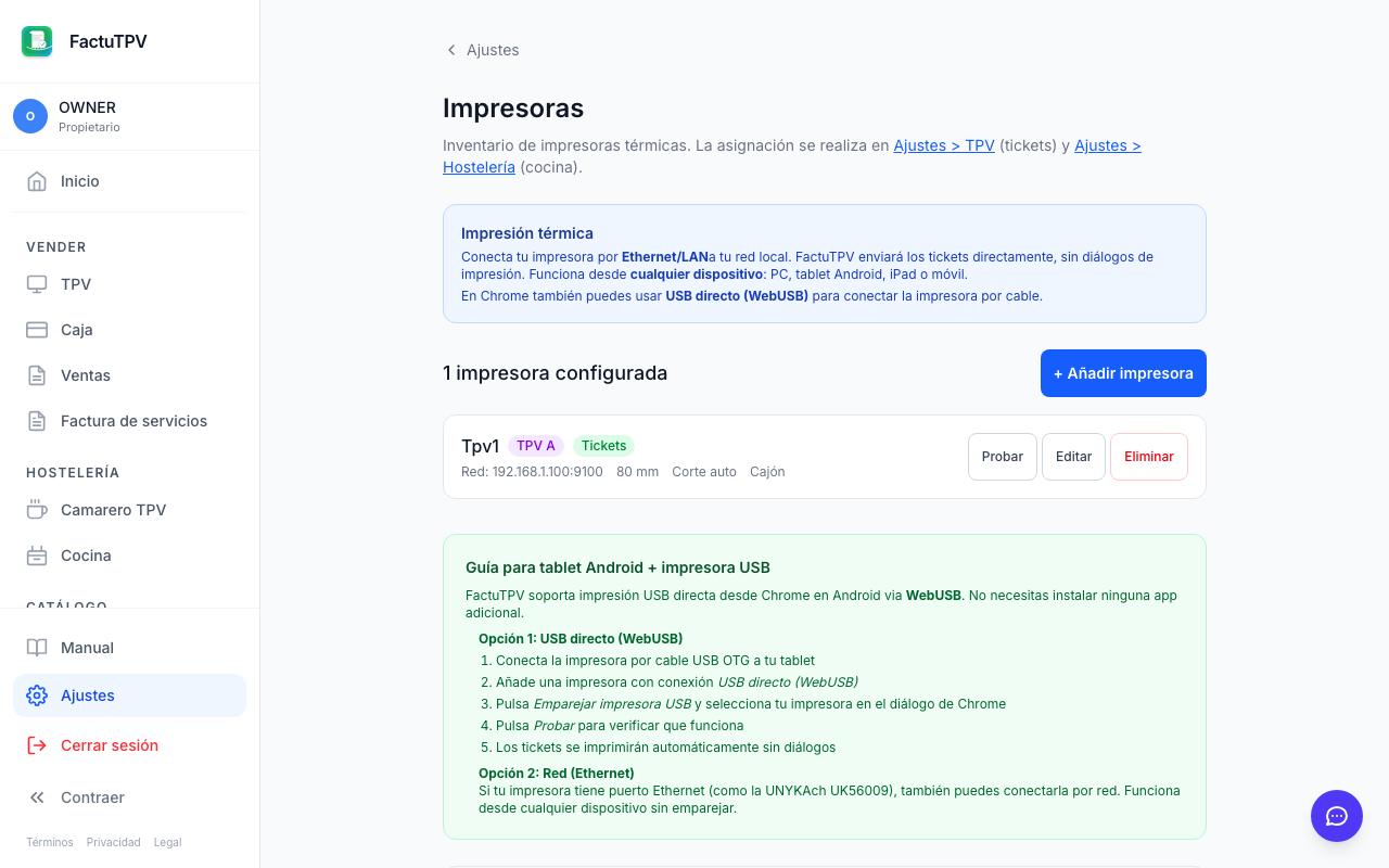 Inventario de impresoras térmicas configuradas por WebUSB en FactuTPV