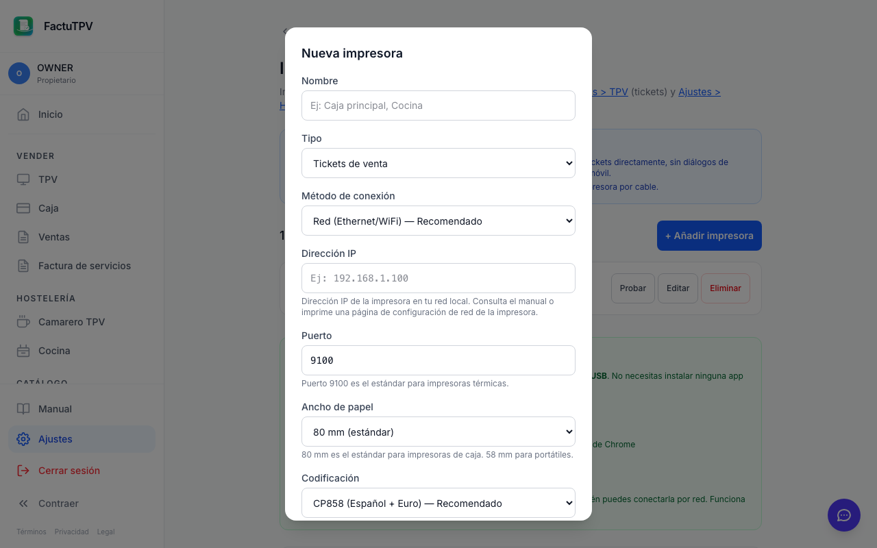 Formulario de alta de impresora en FactuTPV con opciones WebUSB, LAN y Bluetooth