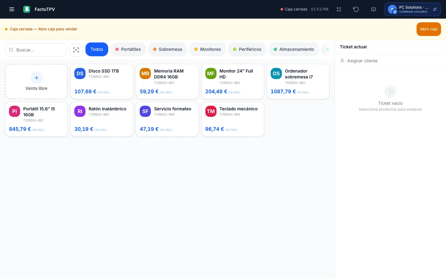 TPV / Punto de venta para tiendas de informática en FactuTPV