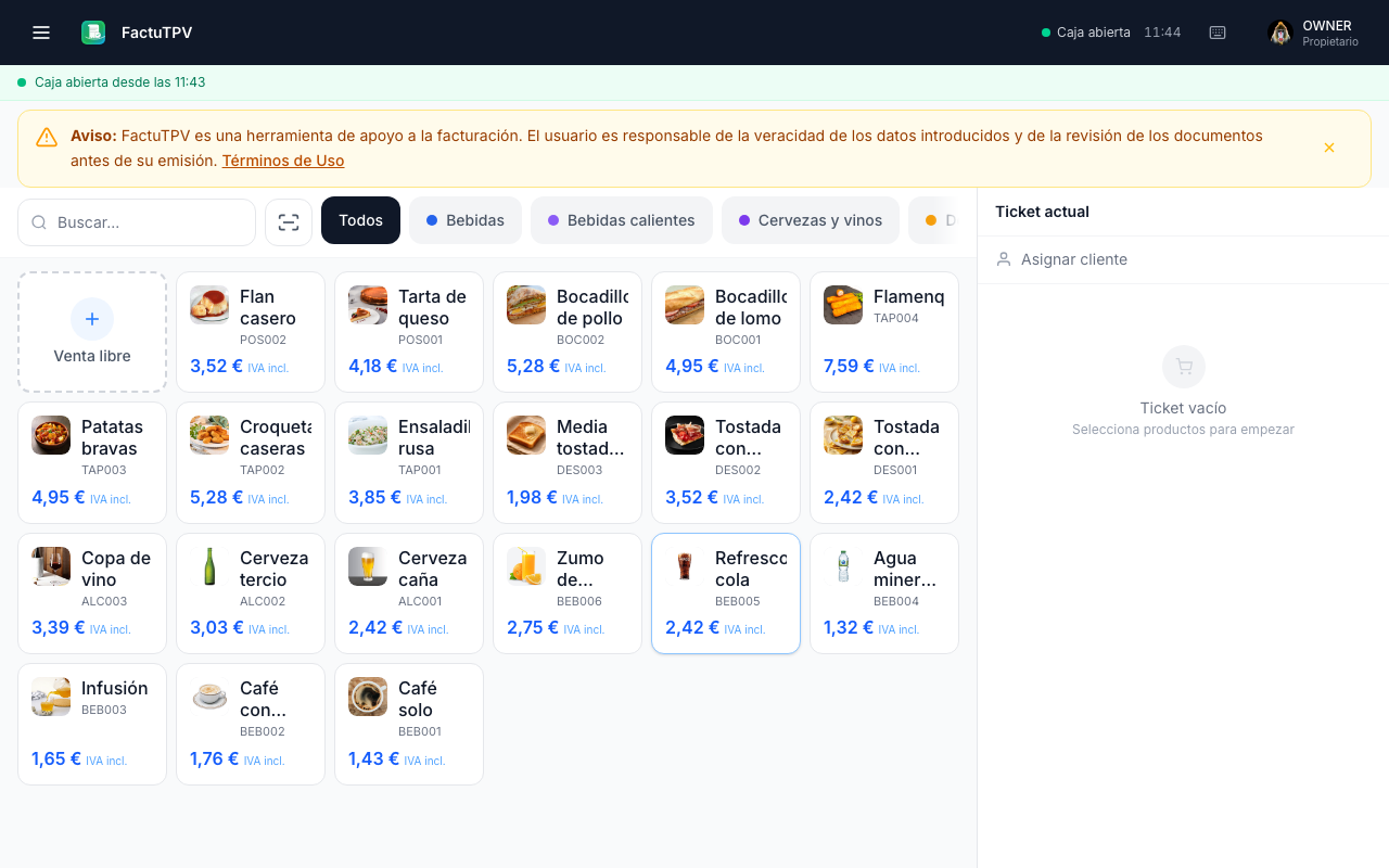 Punto de venta de FactuTPV adaptado para hostelería con categorías de productos