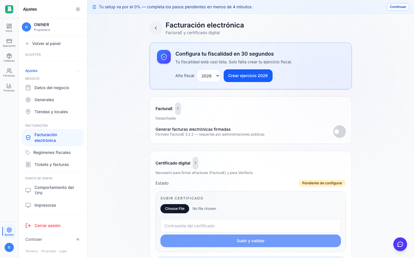 Pantalla Ajustes → Fiscal con el toggle de FacturaE en estado desactivado