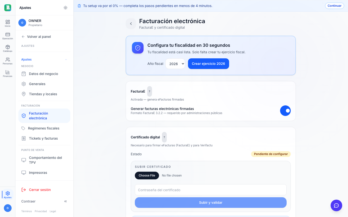 Toggle de FacturaE activado tras un click
