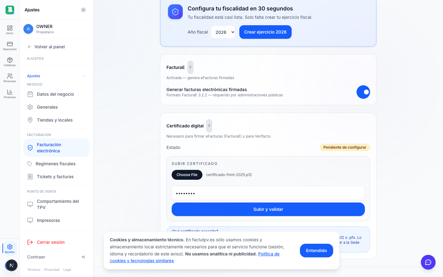 Formulario de subida con un .p12 seleccionado y password introducido
