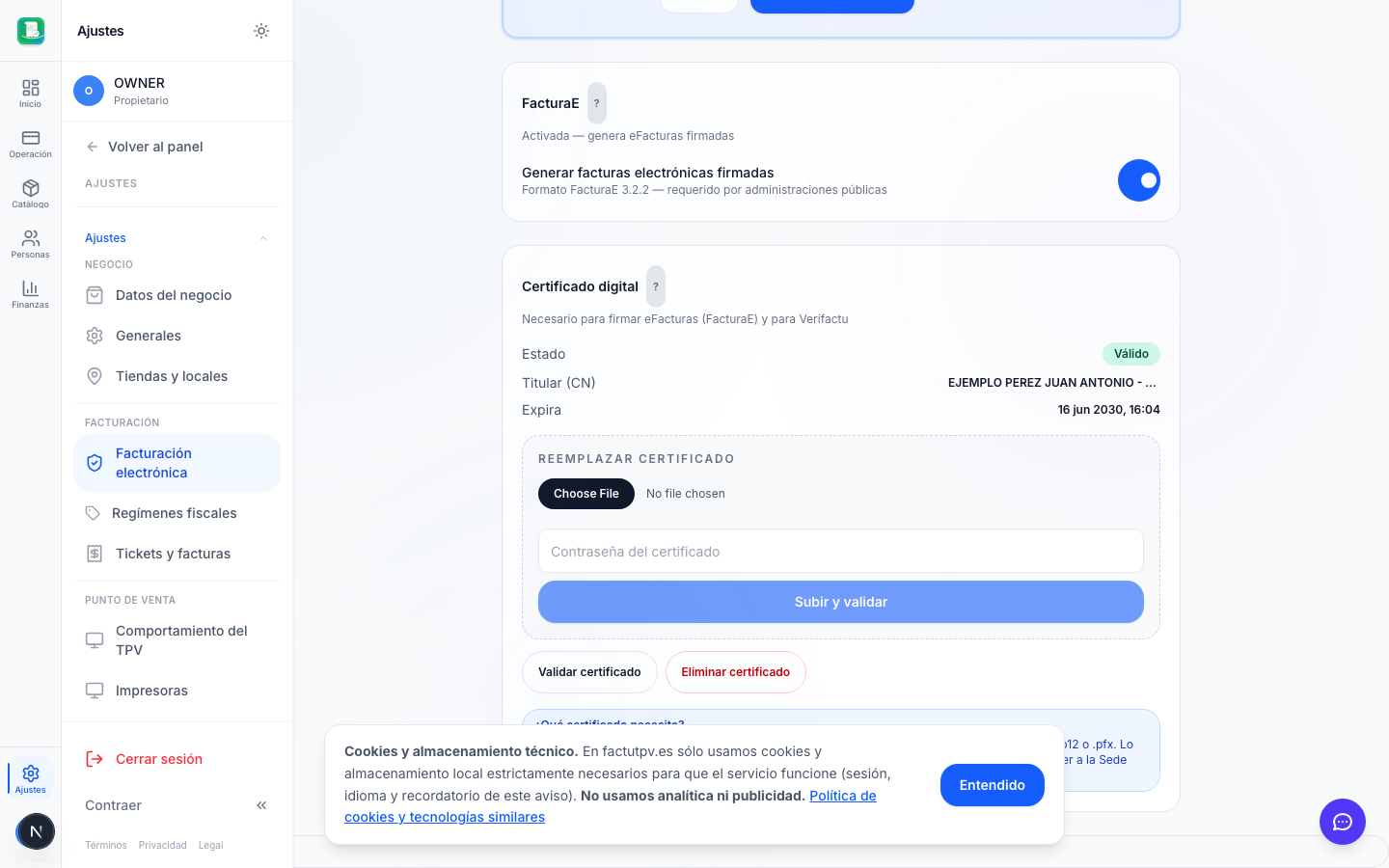 Certificado subido correctamente con badge Válido y datos del titular
