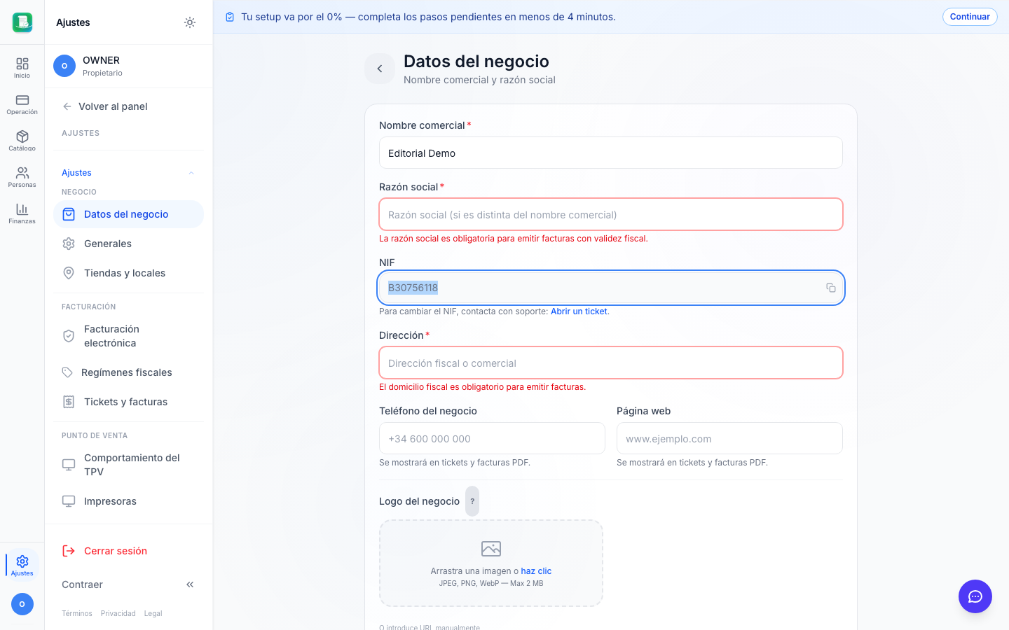 Pantalla Ajustes → Datos del negocio con campo Razón social vacío y un warning