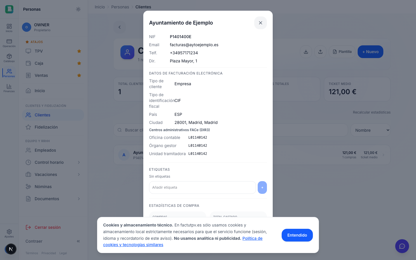 Formulario de cliente B2B con la sección DIR3 colapsada