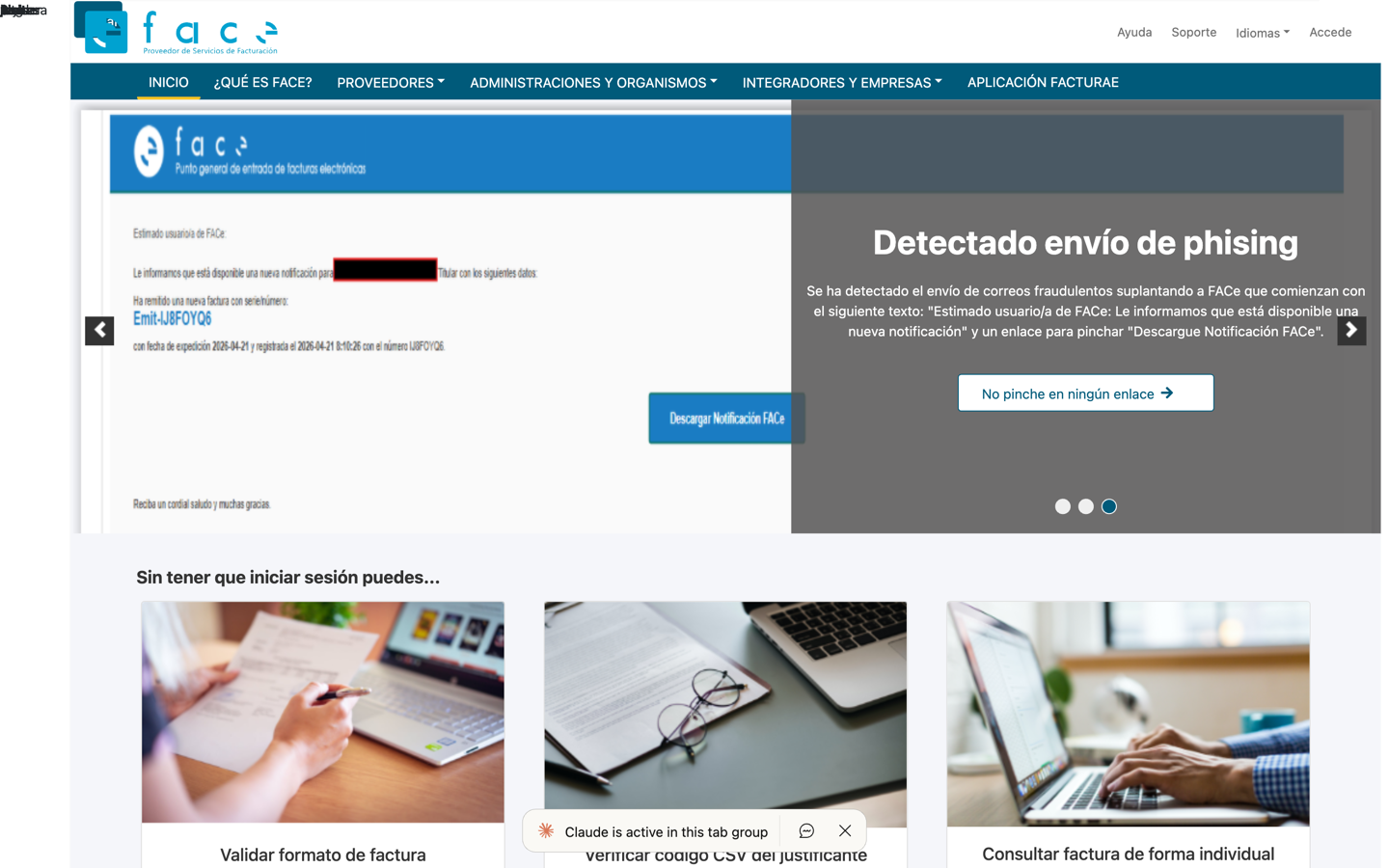 Pantalla de acceso a face.gob.es con la opción Acceso con certificado
