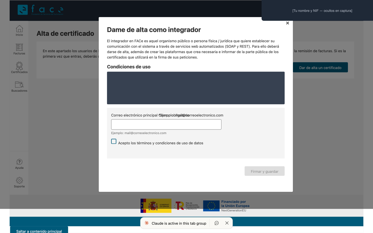 Popup Dame de alta como integrador con email y checkbox de condiciones