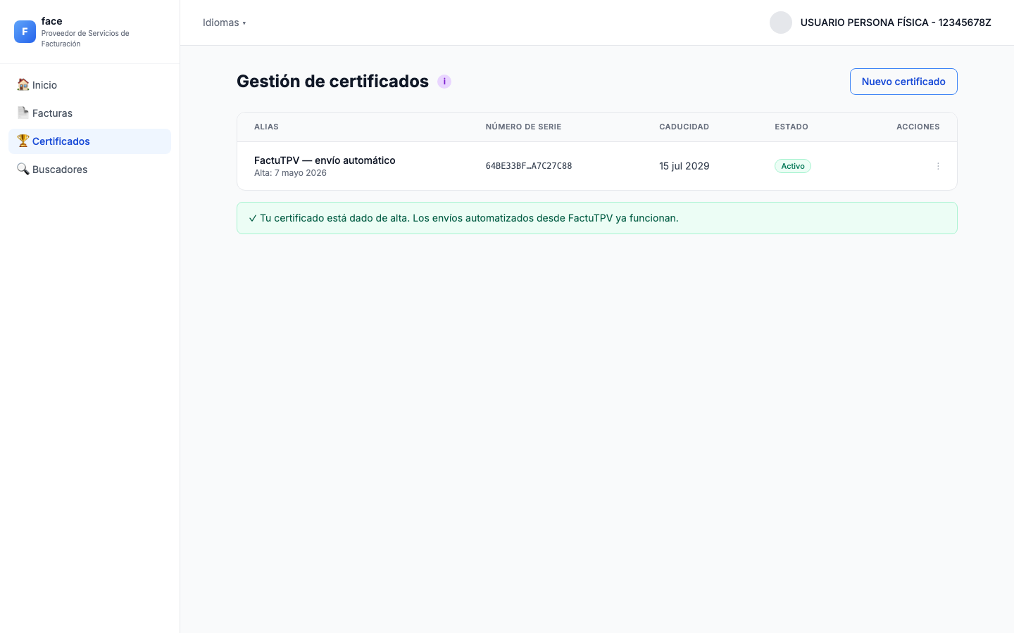 Lista de certificados activos tras el alta exitosa