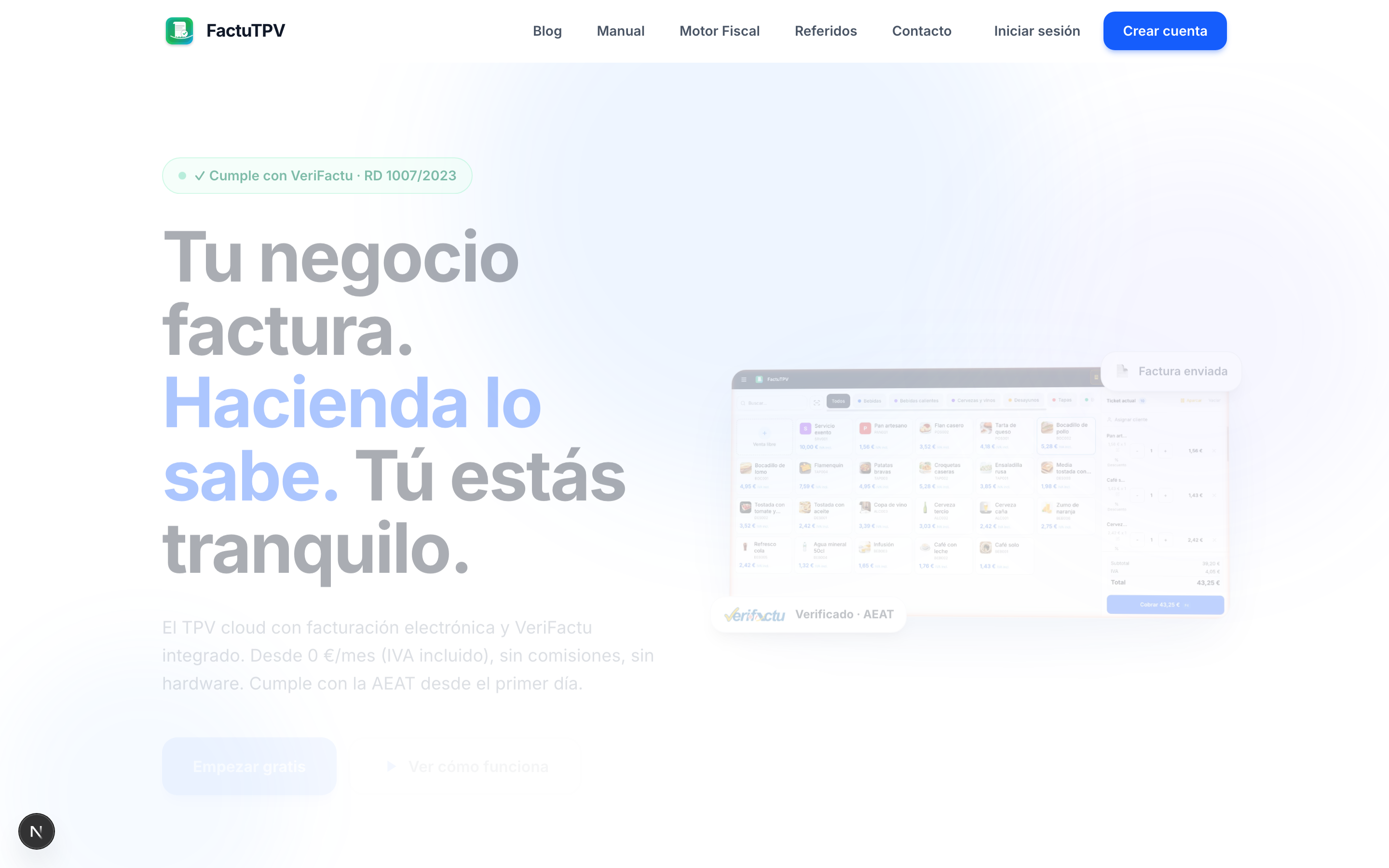 Página de inicio de FactuTPV con el sello de cumplimiento VeriFactu RD 1007/2023