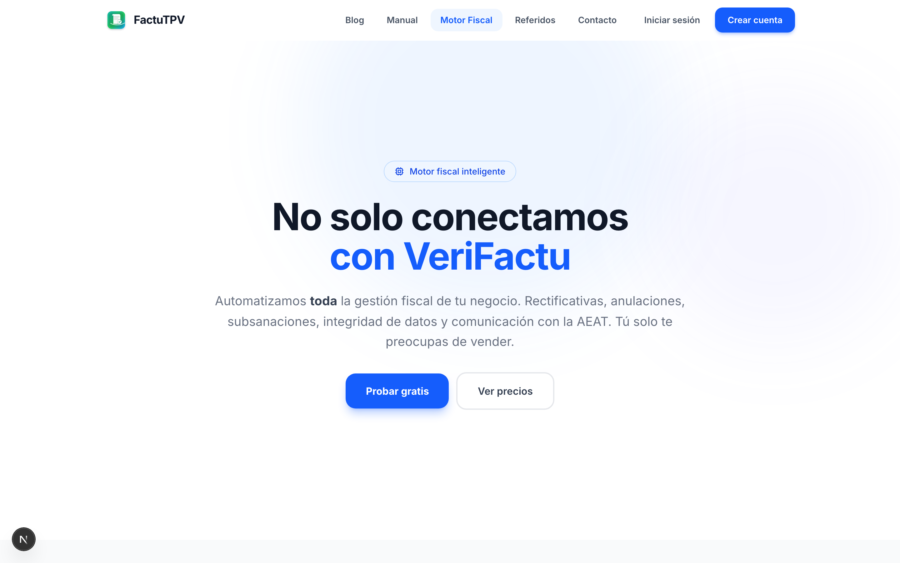 Página del motor fiscal de FactuTPV con promesa de automatización completa