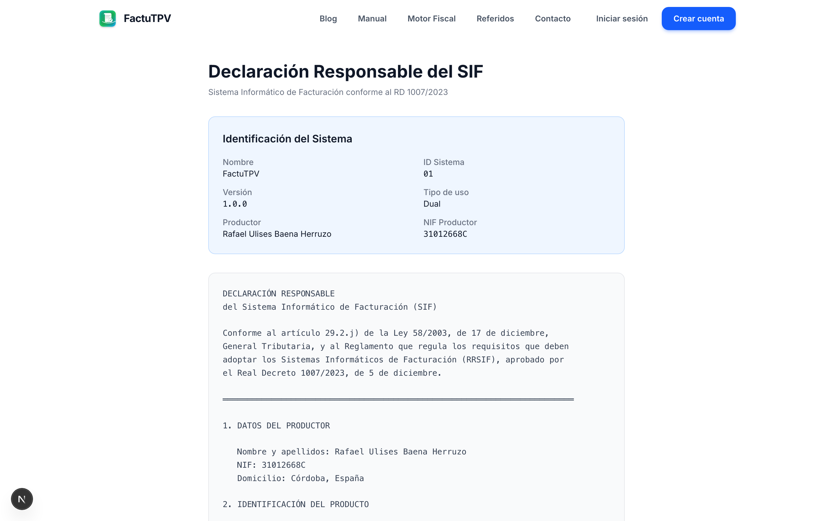 Declaración responsable del SIF con identificación del sistema de FactuTPV