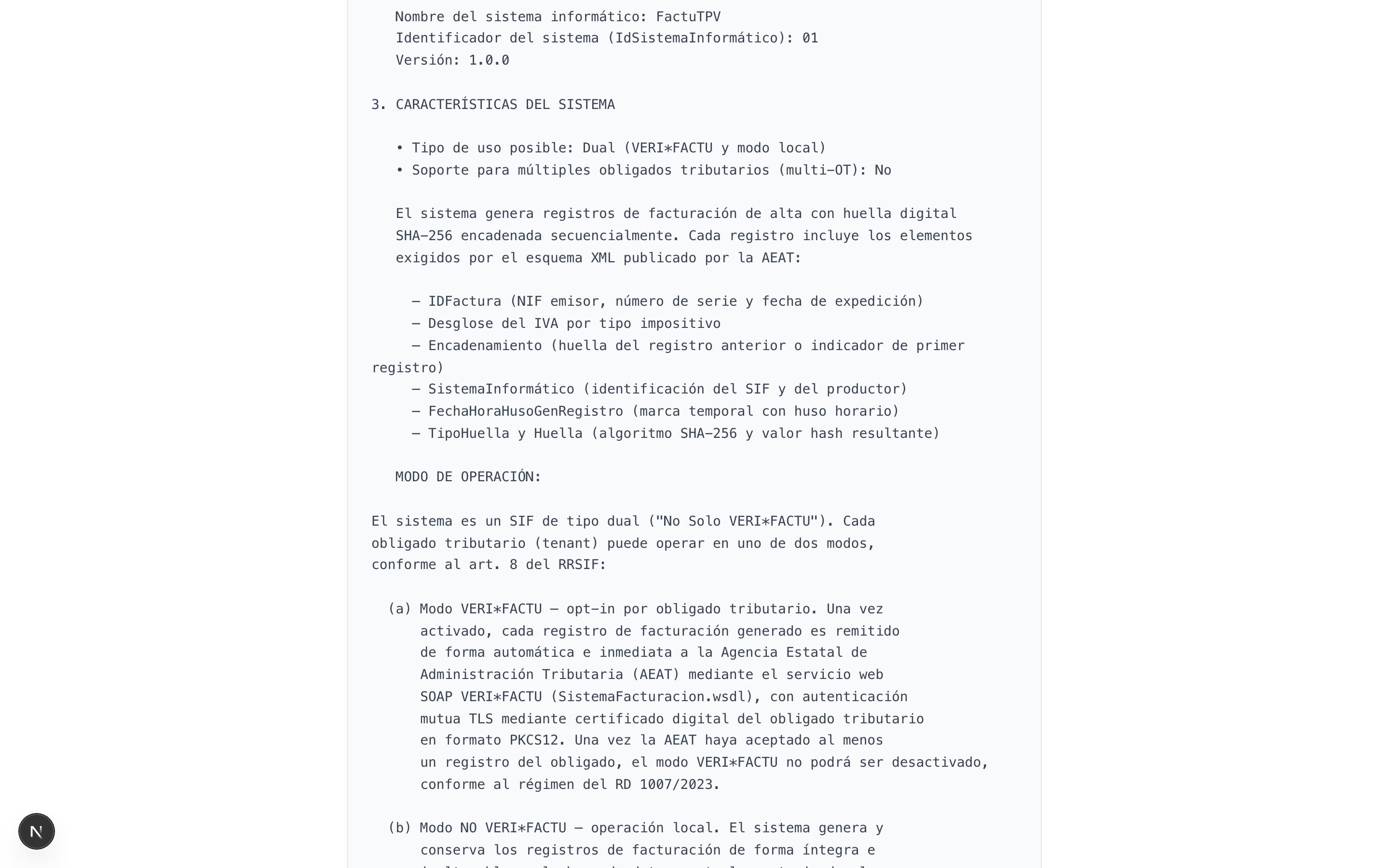 Detalle técnico del SIF: modo VeriFactu, algoritmo SHA-256, elementos del registro