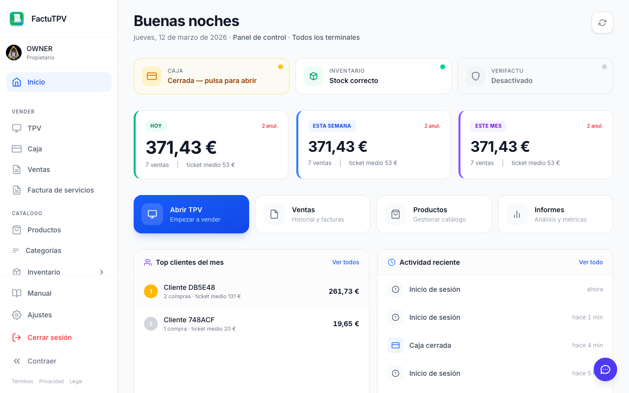 Dashboard principal de FactuTPV con resumen de ventas, gráficos y métricas del negocio