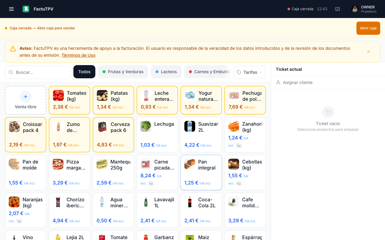 Punto de venta vacío de FactuTPV listo para configurar los primeros productos
