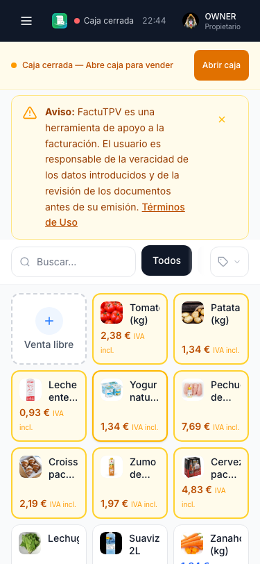 FactuTPV funcionando en dispositivo móvil para negocios ambulantes