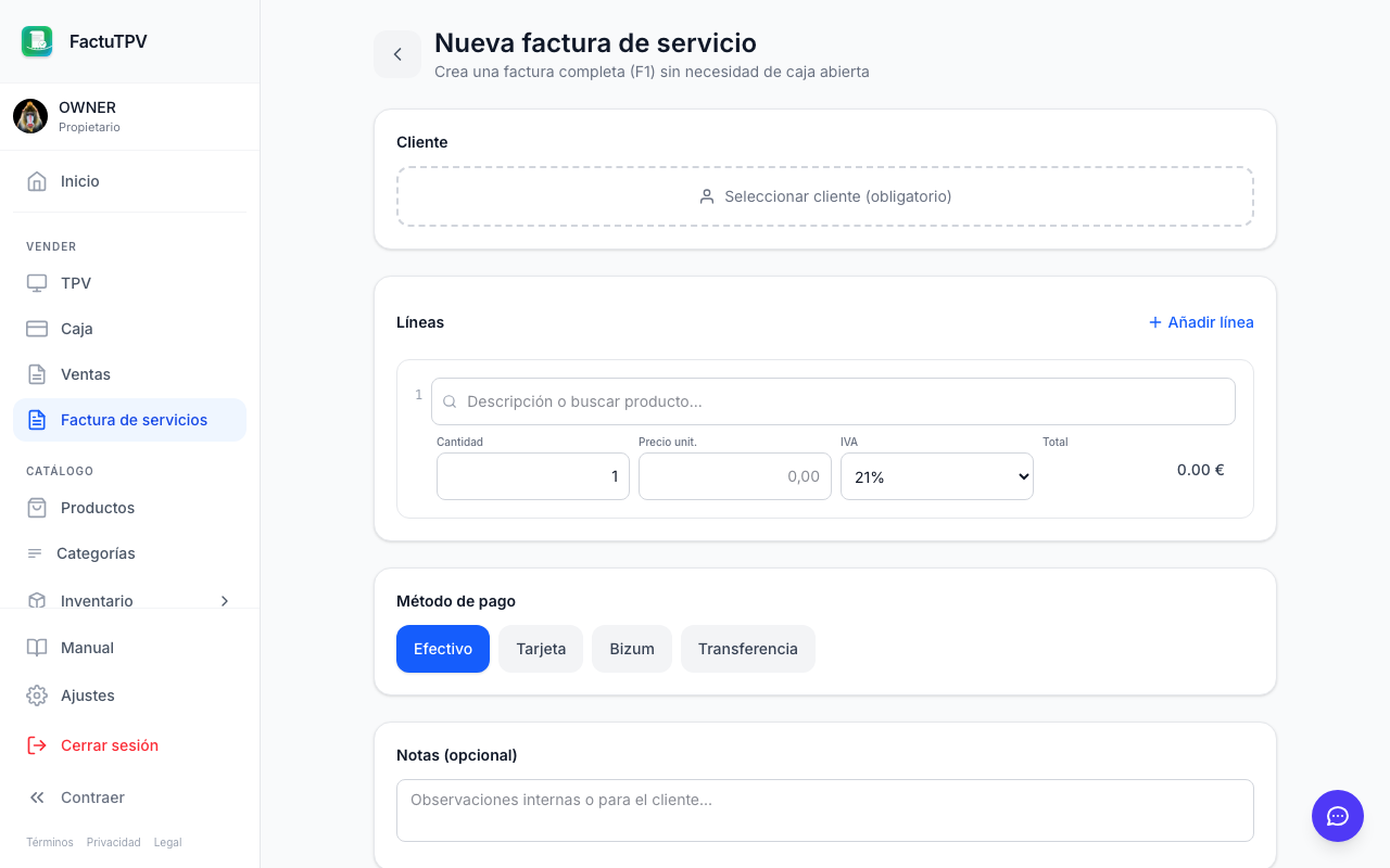 Factura completa de servicio con datos del cliente y retención de IRPF en FactuTPV