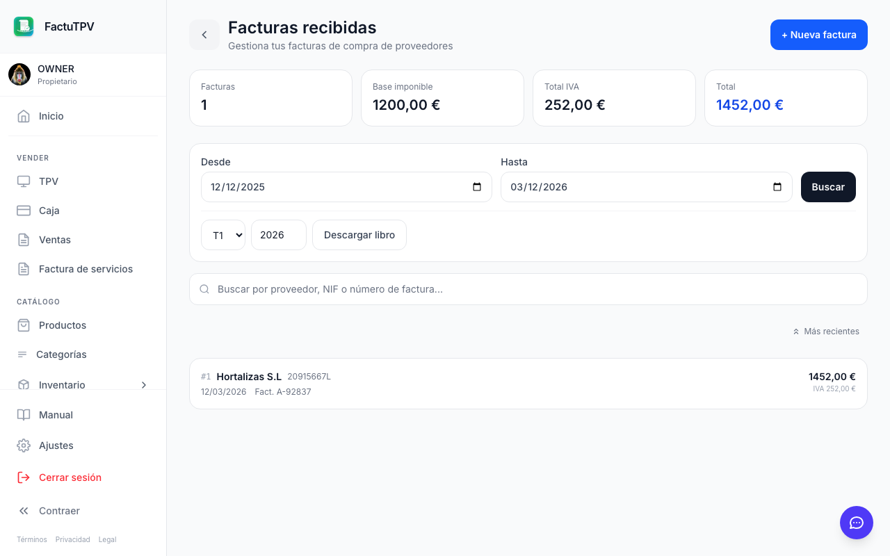 Libro registro de facturas recibidas con OCR de tickets