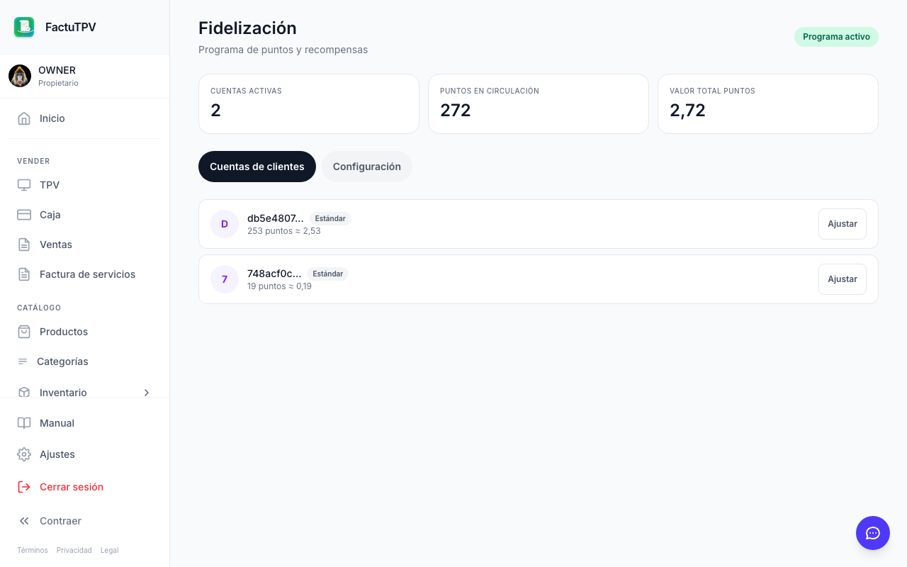 Programa de fidelización por puntos en FactuTPV