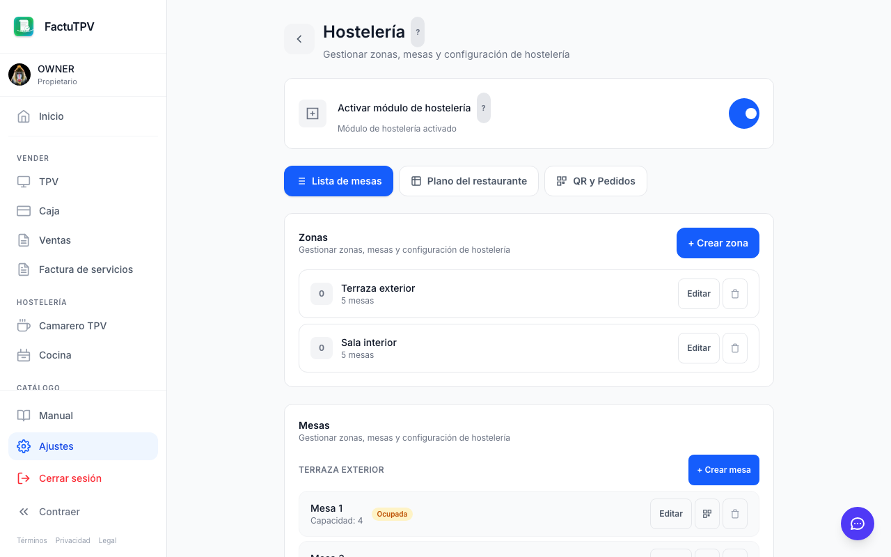 Configuración de zonas y mesas de hostelería en FactuTPV