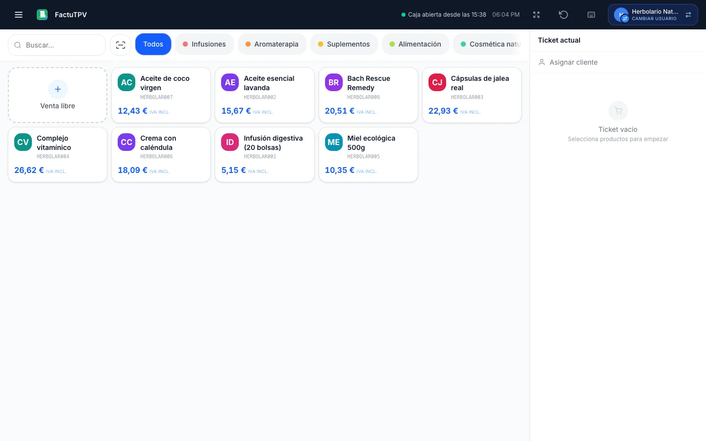 TPV / Punto de venta para herbolarios en FactuTPV
