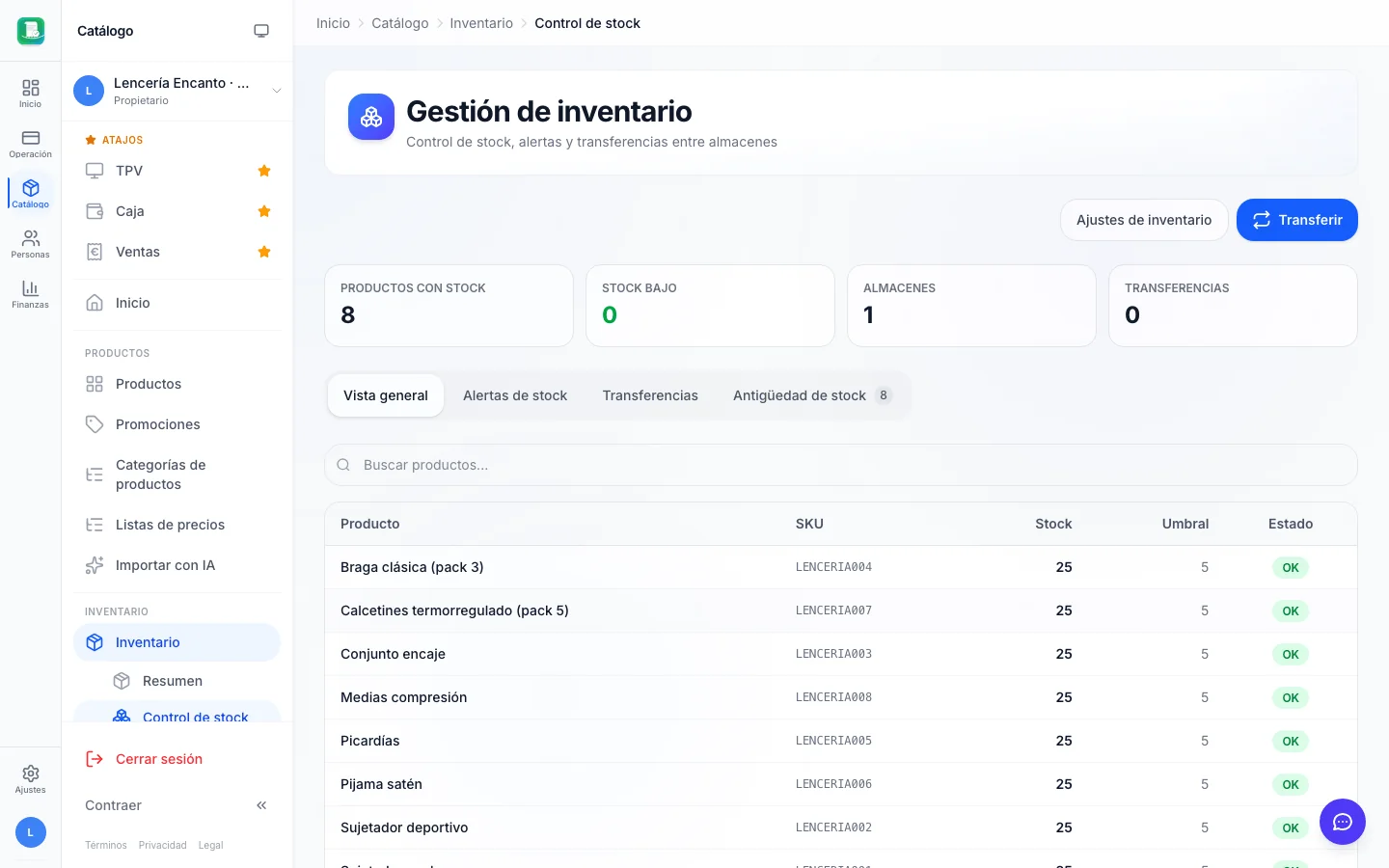 Gestión de stock para lencerías en FactuTPV